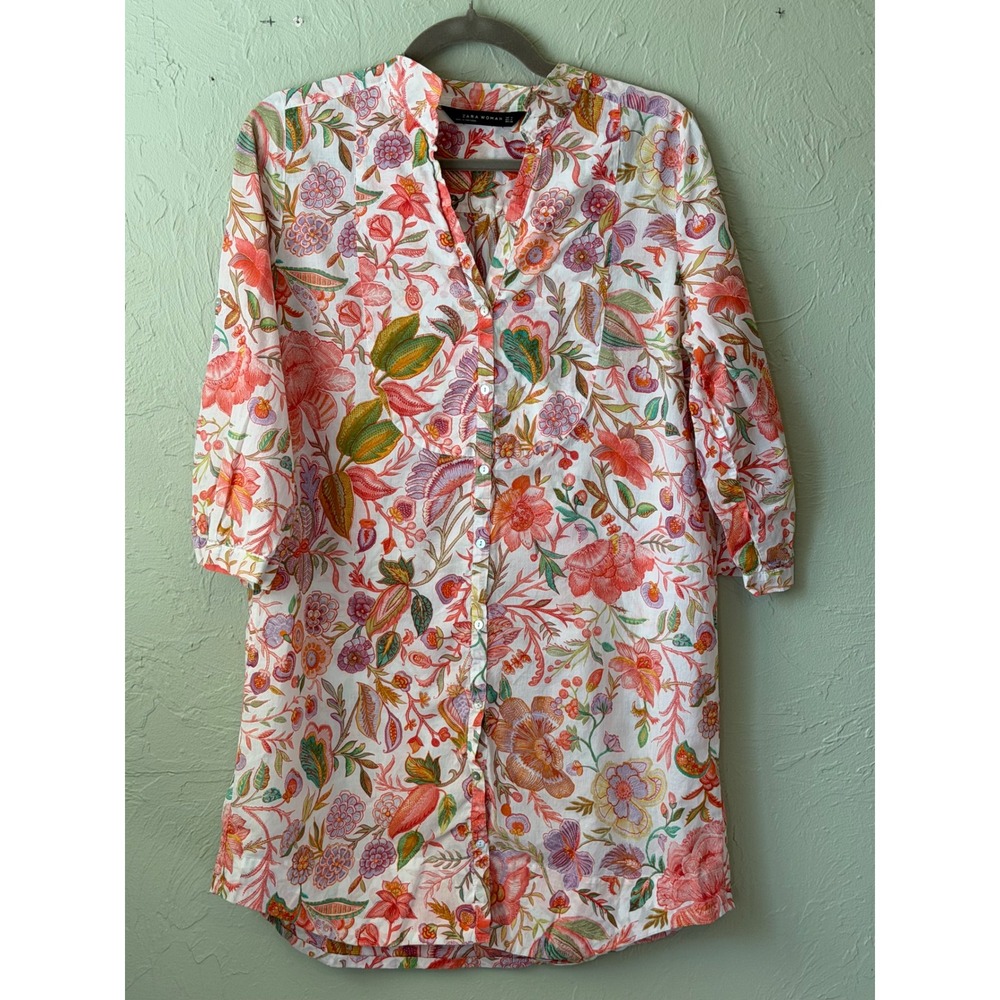Zara Woman Floral Paisley Button Down Tunic Mini Dress White Multi Color Size M